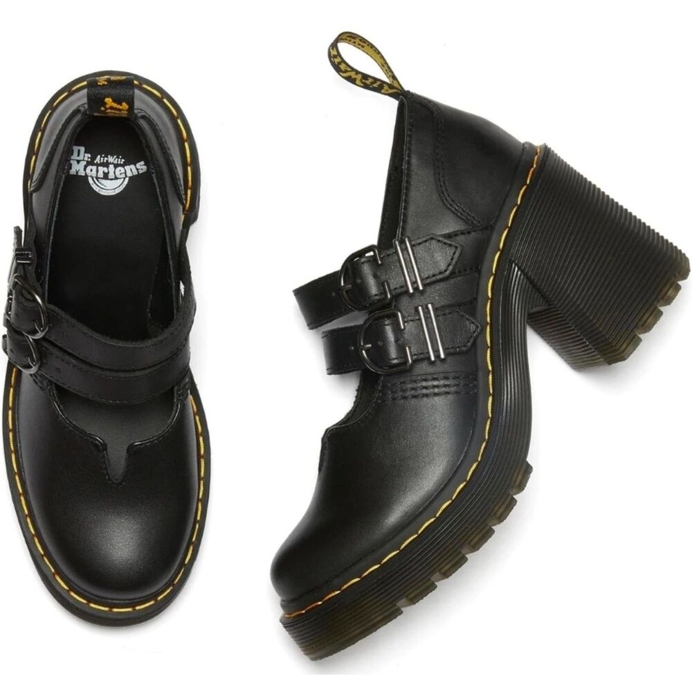 BRAND NEW Dr. Martens Eviee Sendal Black Leather Platform Heels - Size 8 (BNIB)